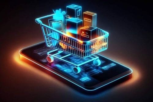 Ilustración conceptual para Blog de Ecommerce Digital: un carrito de compras con productos sobre una pantalla de smartphone iluminada con colores futuristas, representando la digitalización de las ventas y la experiencia de compra en línea.