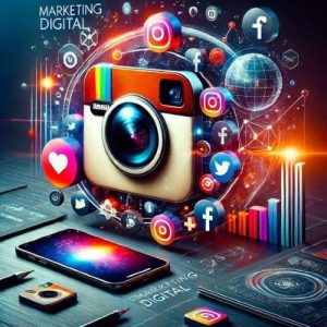 Ilustración vibrante de un entorno digital con íconos de redes sociales como Instagram, Facebook rodeando un smartphone y gráficos. Representa las herramientas clave que utiliza un profesional en social media para gestionar estrategias de marketing digital.